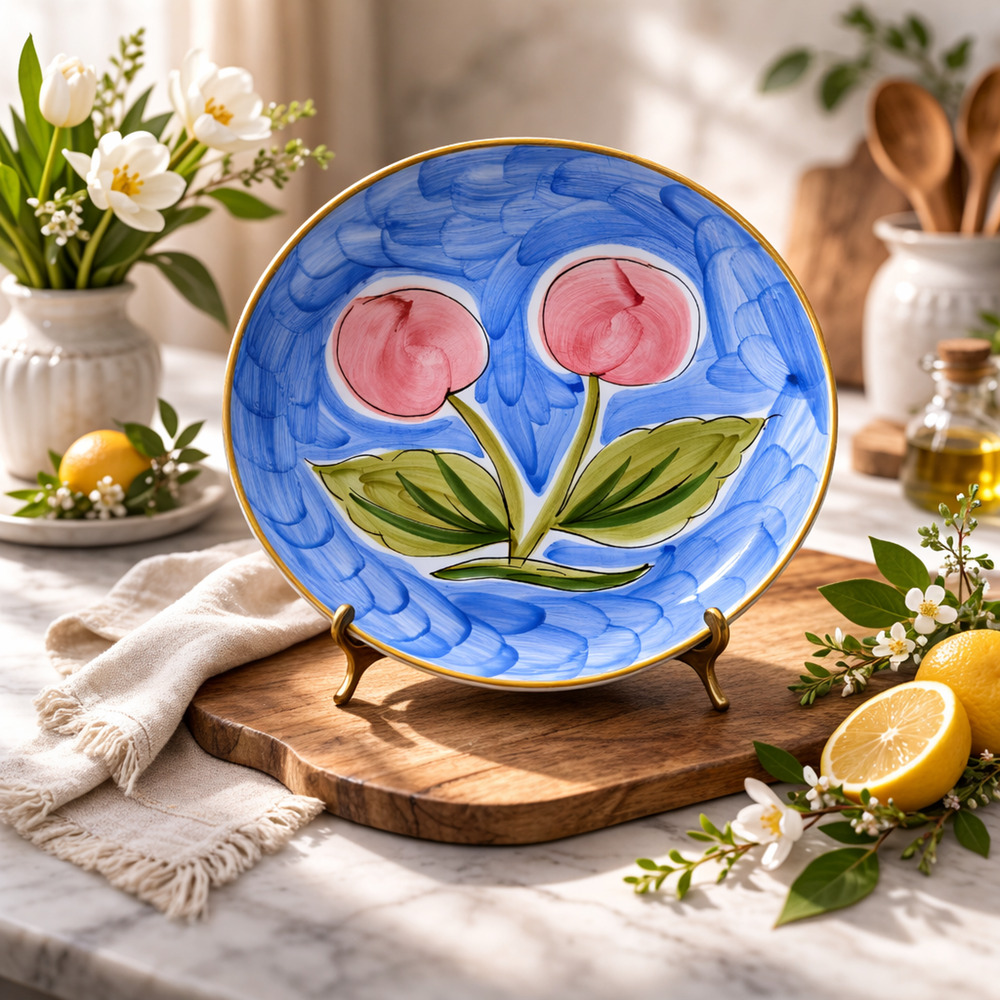Cheery Vintage Alcobaca Portugal 10” Hand Painted Floral Plate Pottery